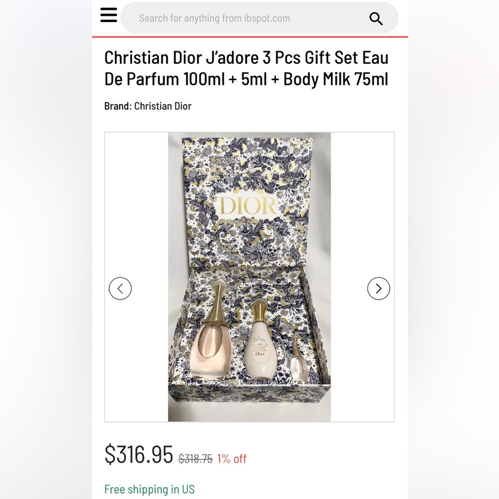 Christian Dior J’adore 3 Pcs Gift Set Eau De Parfum 100ml + 5ml + Body Milk 75ml
